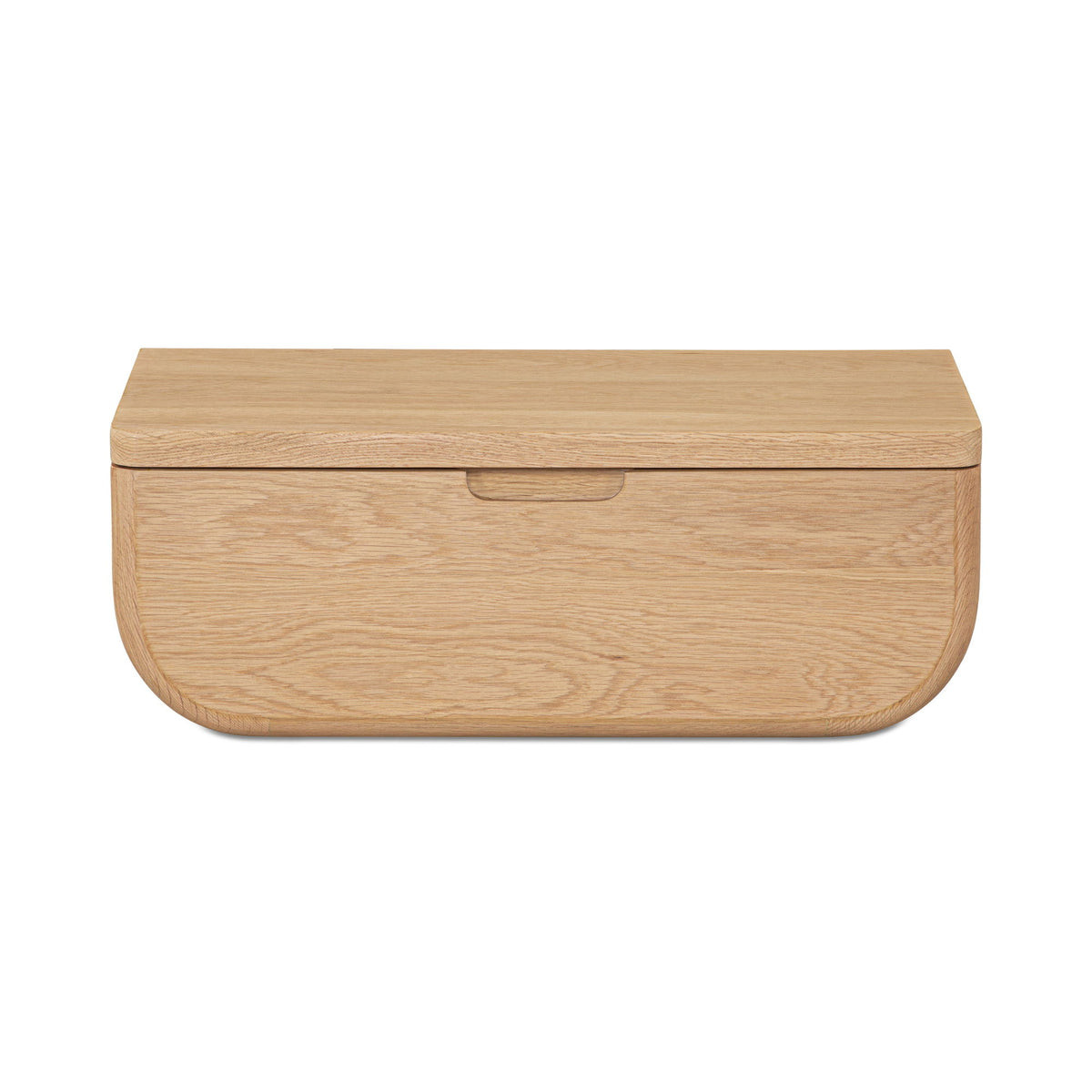 Floating nightstand cabinet with one centered drawer in natural light wood finish.