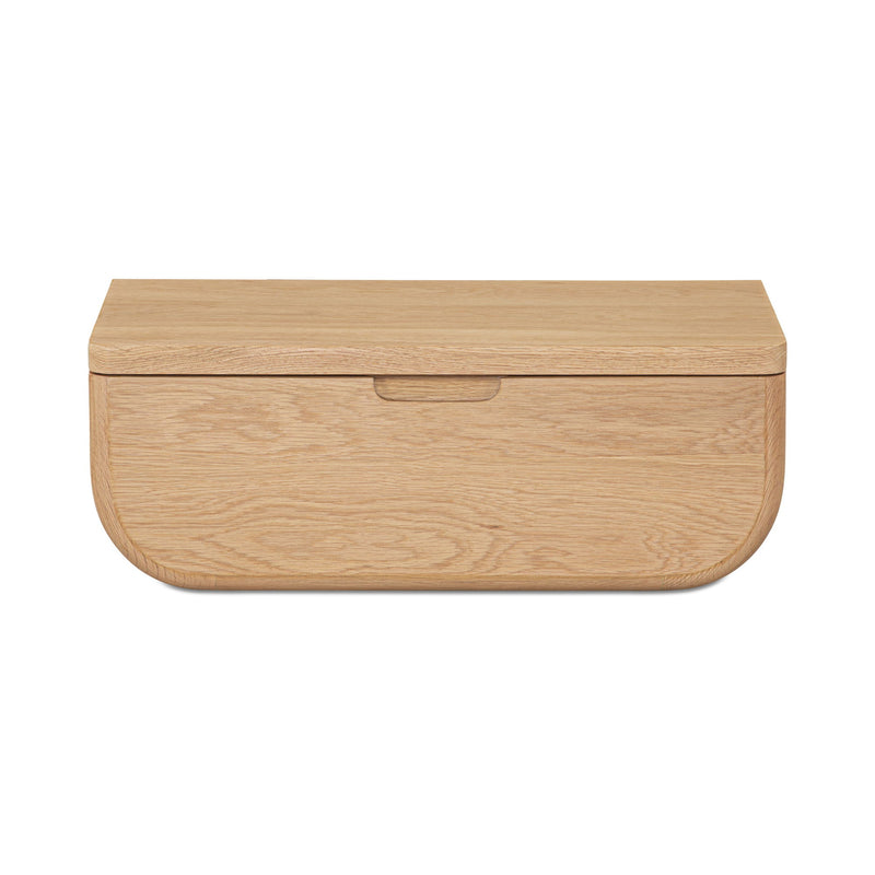 Floating nightstand cabinet with one centered drawer in natural light wood finish.
