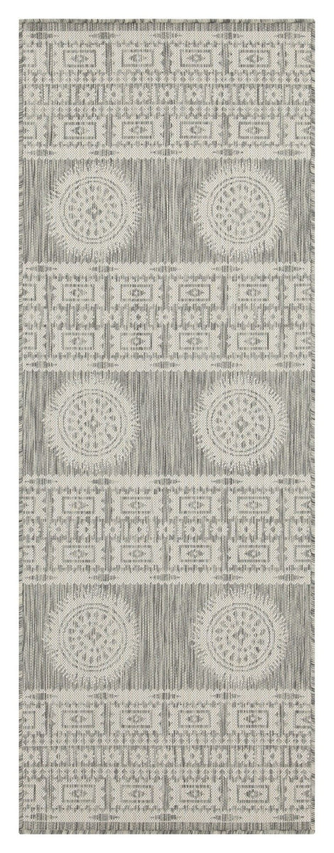 Gray polypropylene area rug with circular medallion squares and repeating geometric border