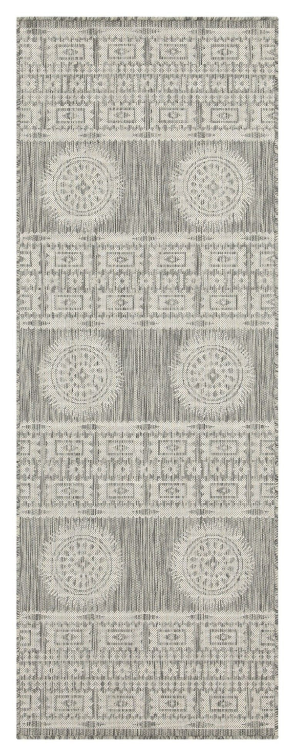 Gray polypropylene area rug with circular medallion squares and repeating geometric border