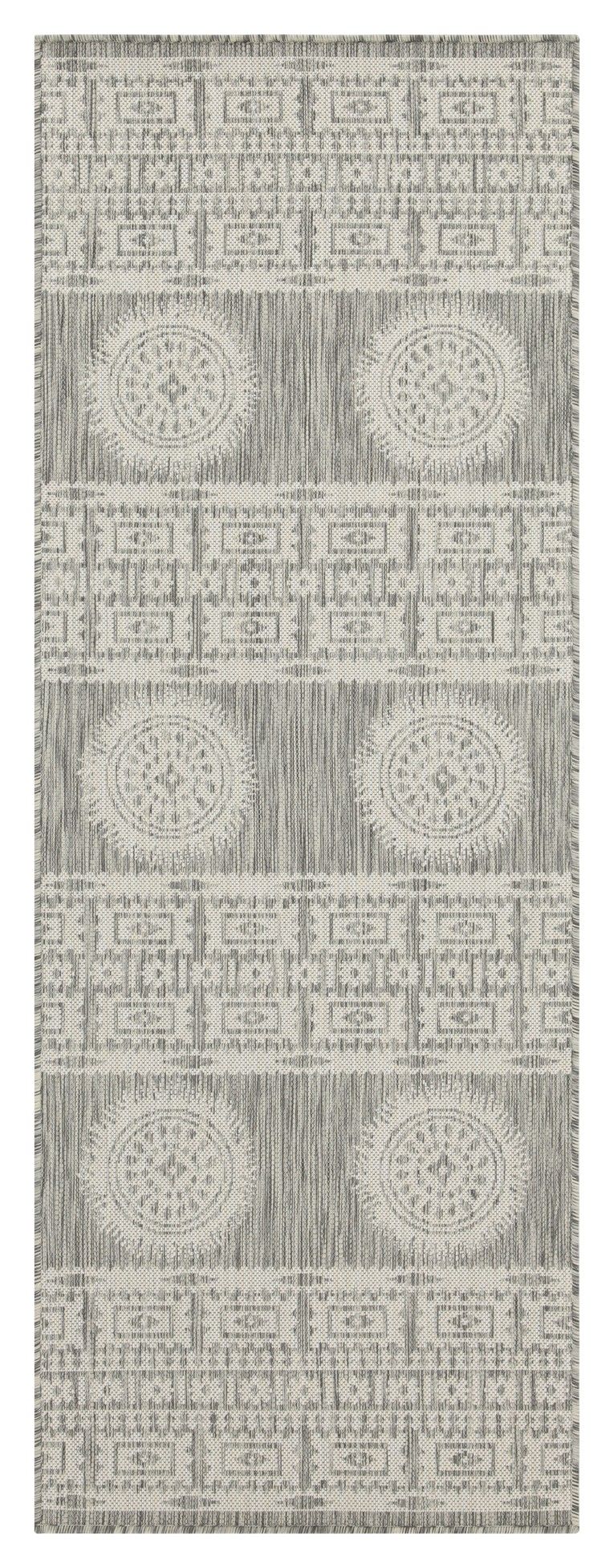 Gray polypropylene area rug with circular medallion squares and repeating geometric border