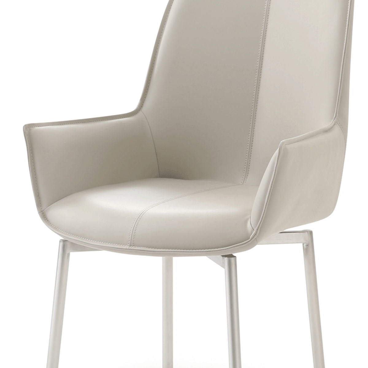 Off-white swivel dining chair with cushioned seat, stitched curved back, metal legs