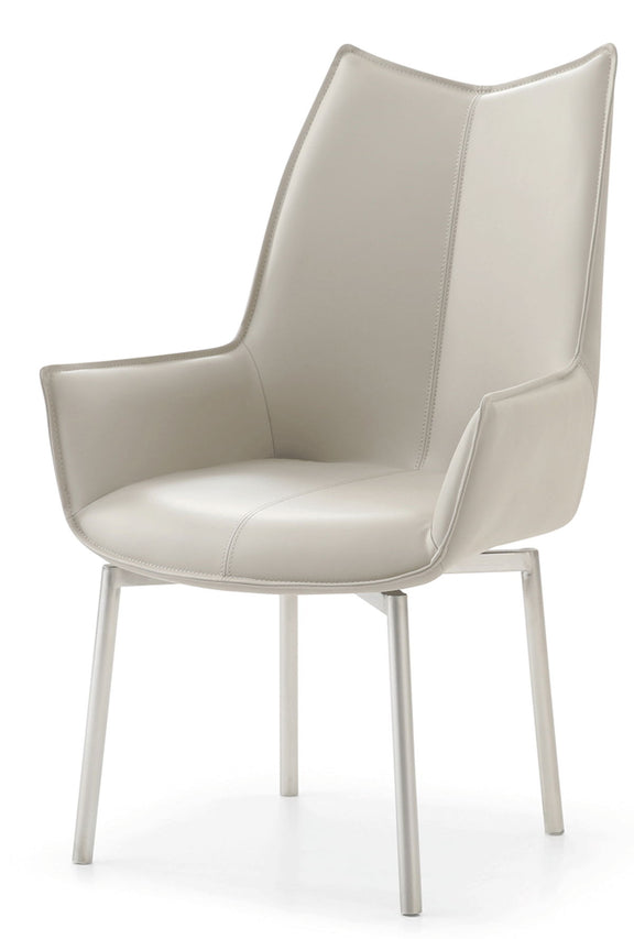 Off-white swivel dining chair with cushioned seat, stitched curved back, metal legs