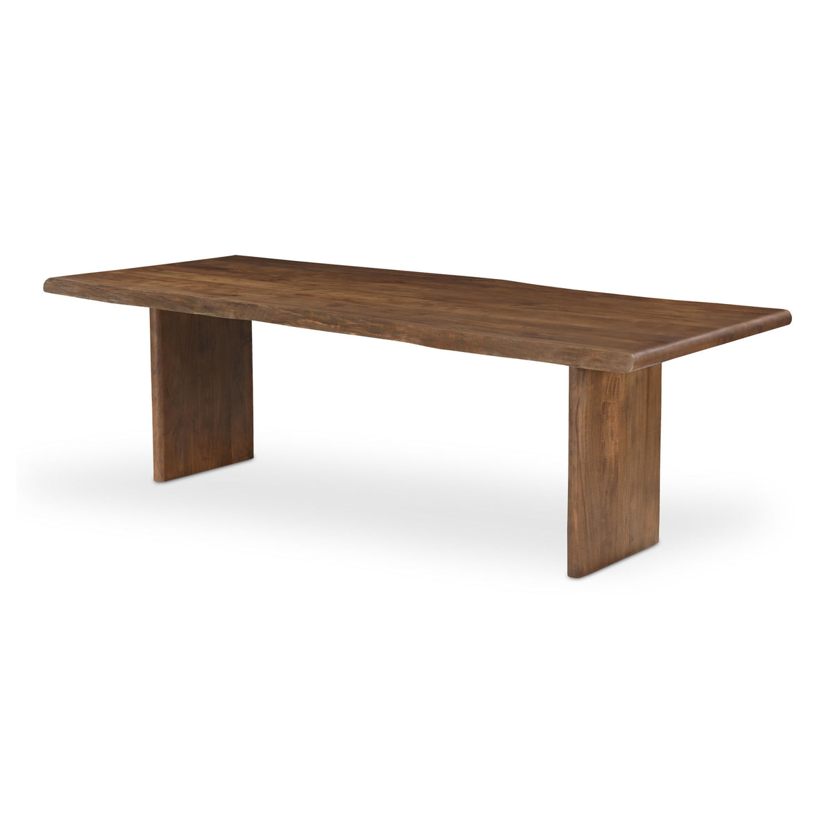 Large brown dining table with long rectangular top and straight side legs