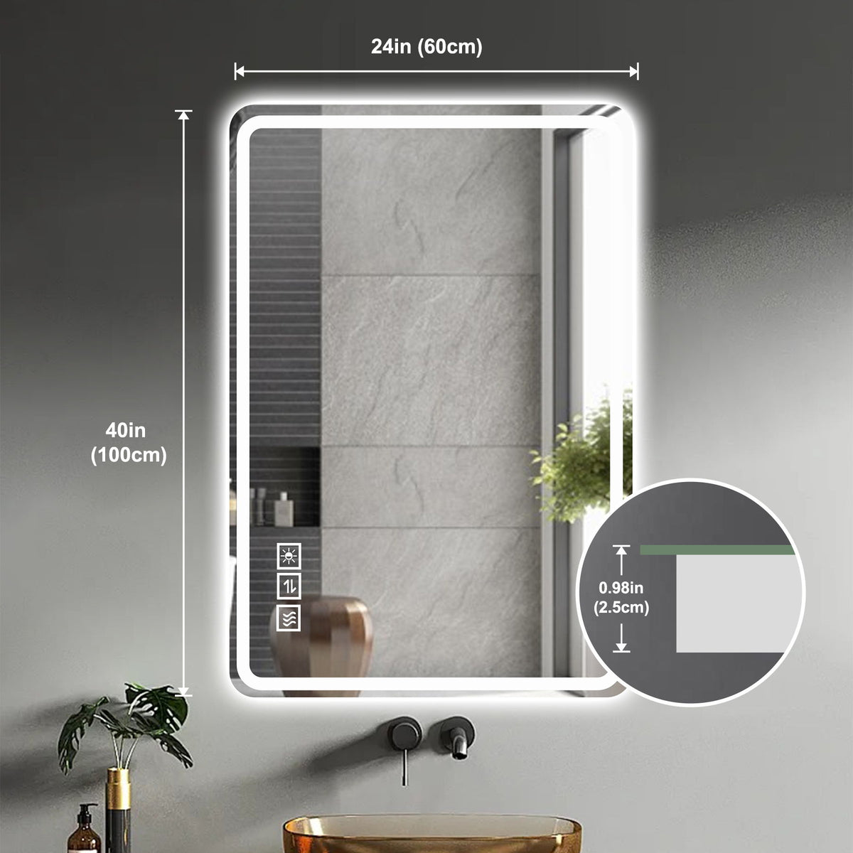 LED Bathroom Mirror, Anti Explosion Glass, Rust Resistant, Anti Fog, Tri Color