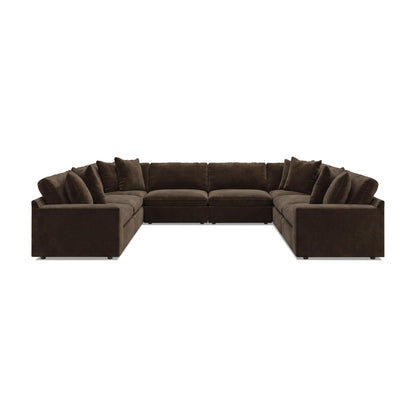 Dark brown 8-piece sectional sofa with rounded arms and multiple seat cushions.