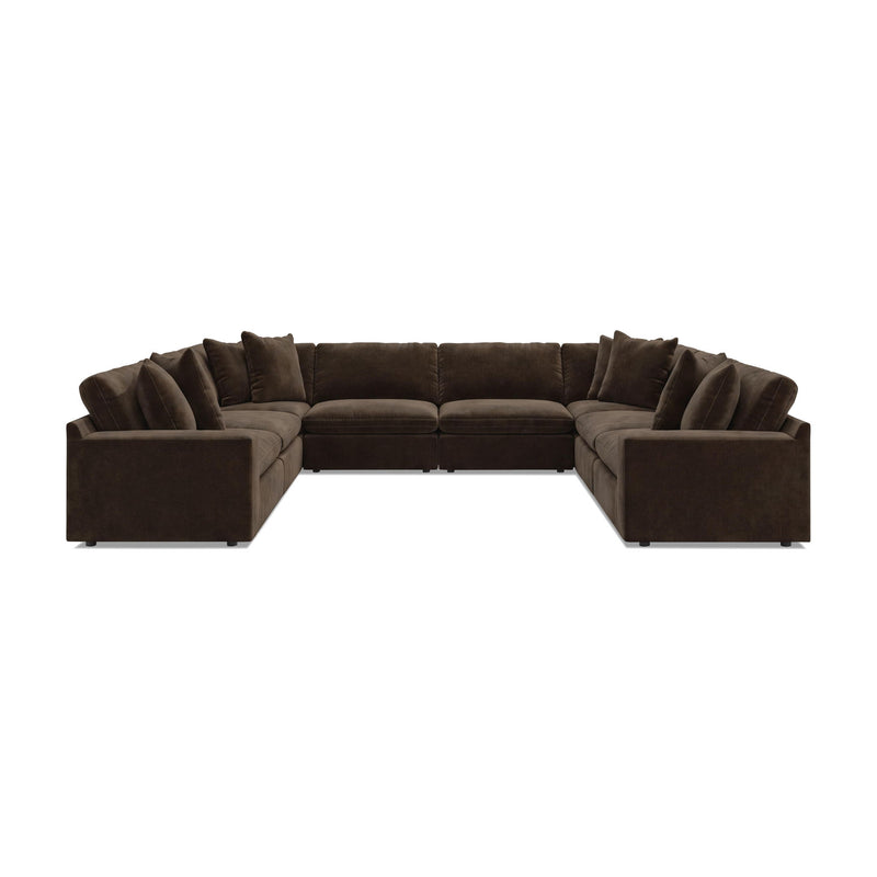 Dark brown 8-piece sectional sofa with rounded arms and multiple seat cushions.