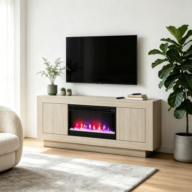 Beige TV stand with built-in electric fireplace insert and two front cabinet doors
