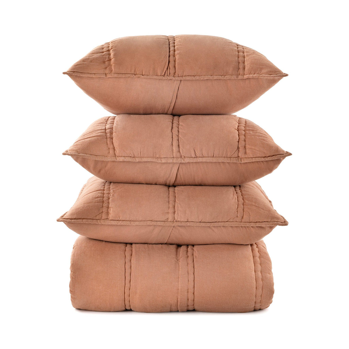Clay rectangular pillow sham with vertical stitched channels, shown stacked