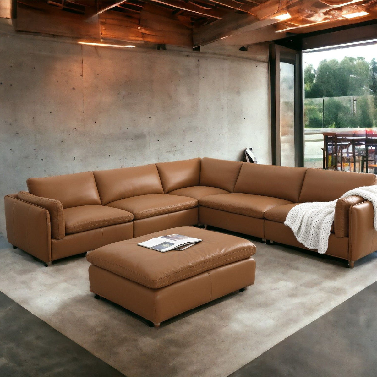 Brighton - Top Grain Leather 6 Pieces Modular Sectional With 1 Ottoman - Brown