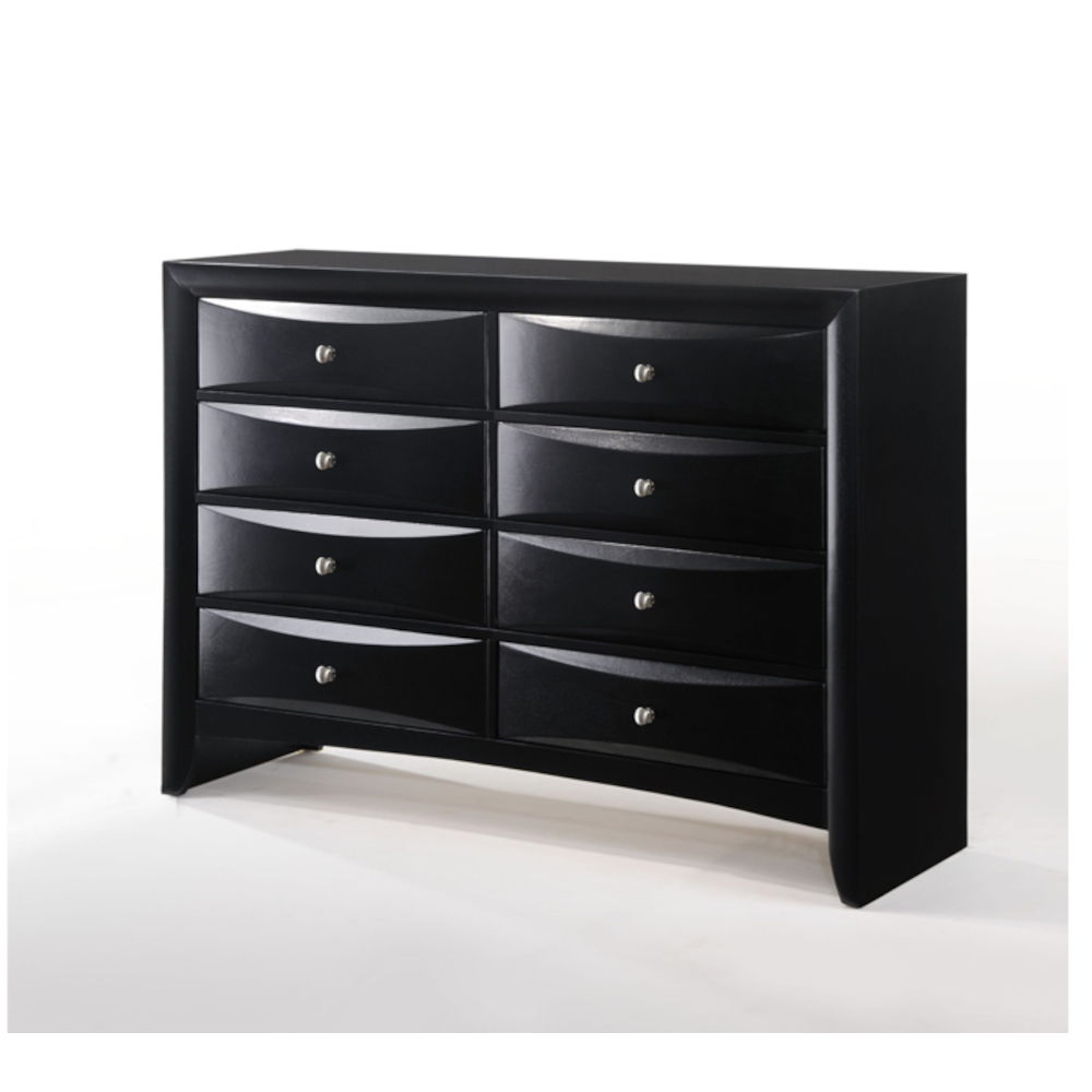 Black storage dresser with multiple drawers and round metal knobs, open shelving interior
