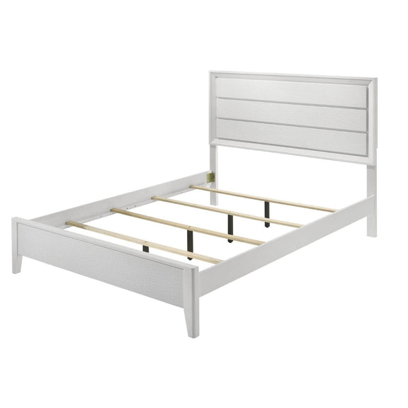 White upholstered bed frame with slatted base and angled legs