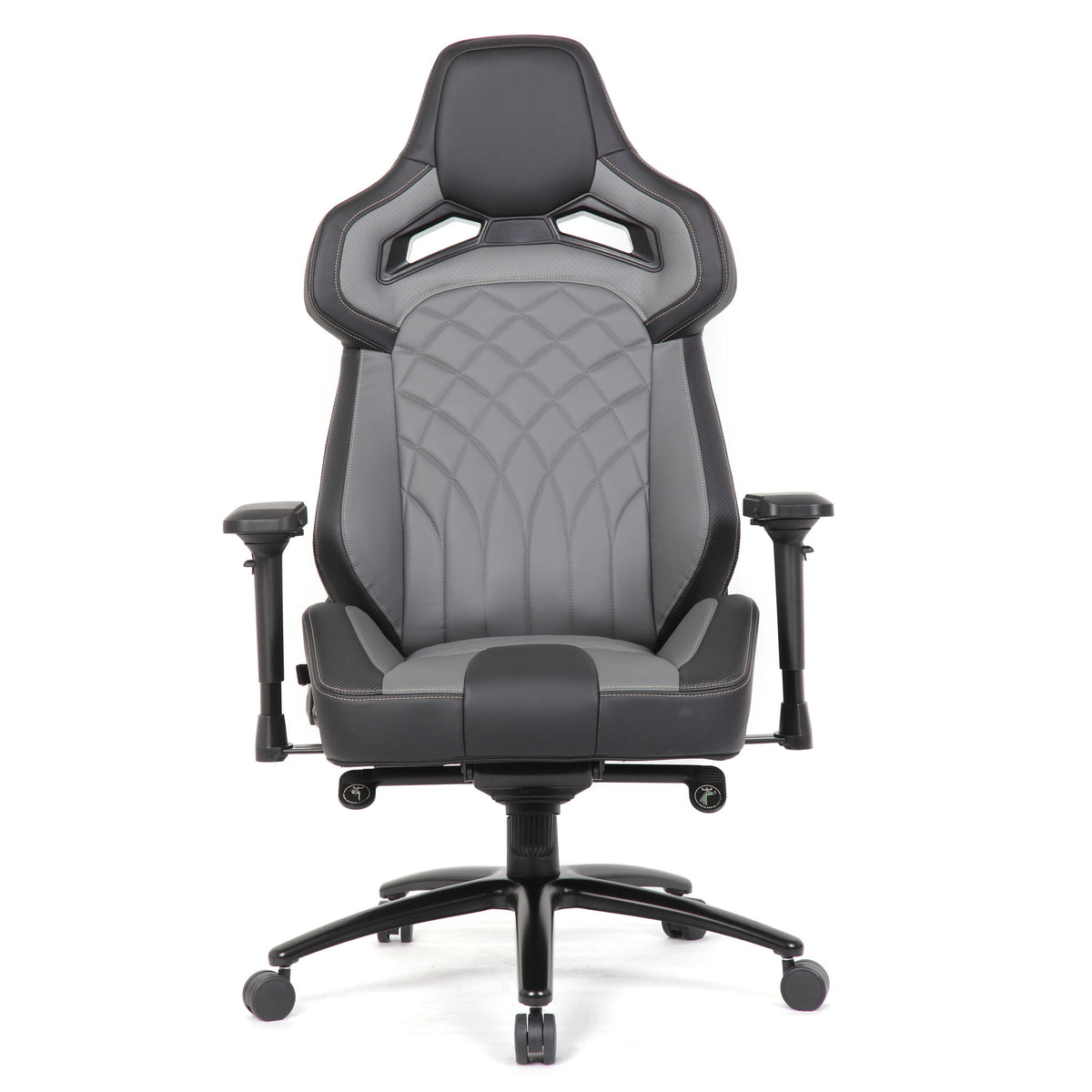 Black and gray high-back gaming office chair with padded headrest and armrests