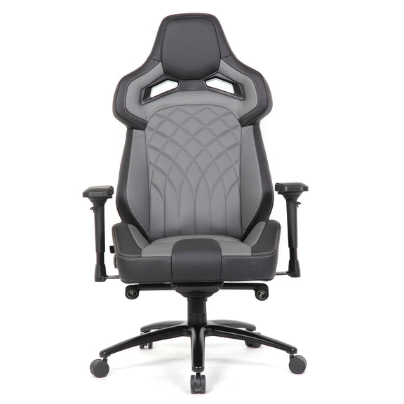 Black and gray high-back gaming office chair with padded headrest and armrests