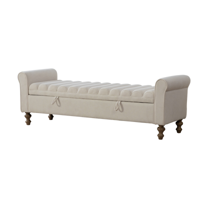 65.55' Wide Modern Upholstered Storage Bench with Rolled Armrest, Beige Napped Fabric on Rubberwood Legs for Living Room, Entryway, Dormitory, Bedroom