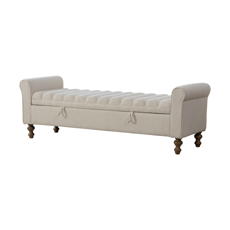 65.55' Wide Modern Upholstered Storage Bench with Rolled Armrest, Beige Napped Fabric on Rubberwood Legs for Living Room, Entryway, Dormitory, Bedroom