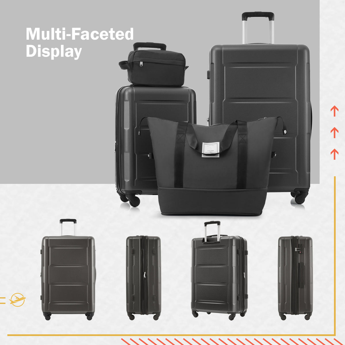 2-piece ABS luggage set in dark gray with two spinner suitcases and black zip duffel bag