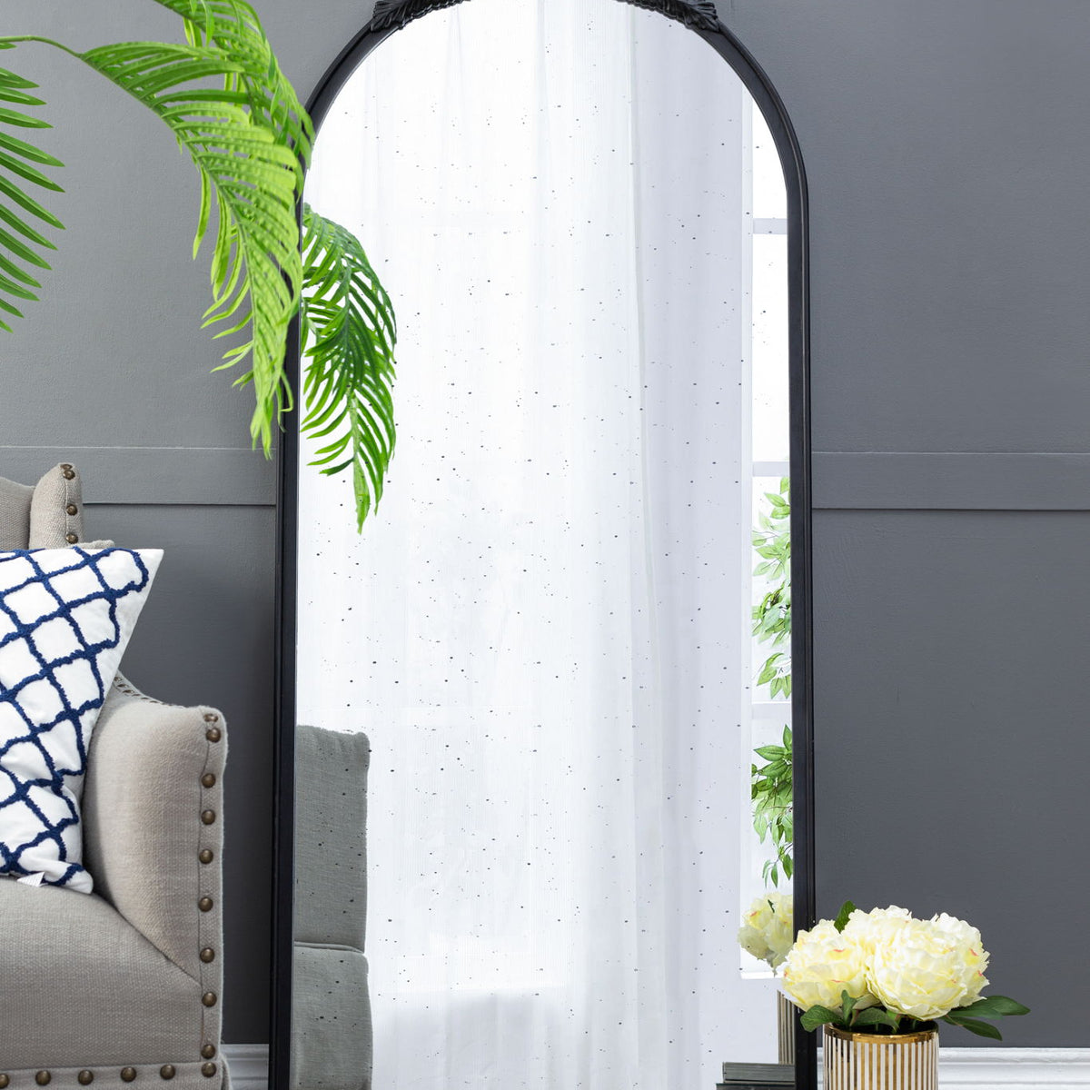 Hand Carved Rose Antique Mirror Frame, Wood Arch Mirror Wall Decor For Living Room