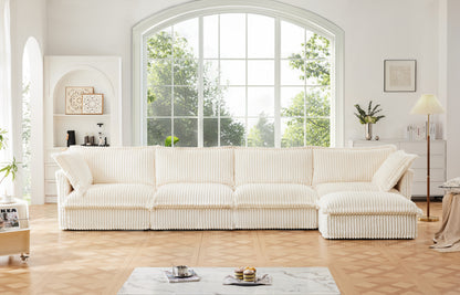 4-Seater Slipcovered L-Shaped Corduroy Sectional Sofa - Cream Corduroy
