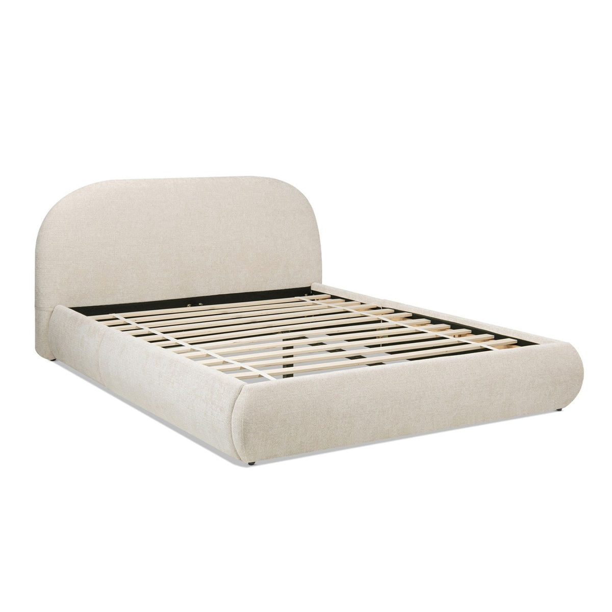 Beige upholstered platform bed with curved headboard and slatted support