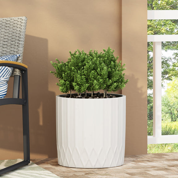 Antique white planter with faceted diamond pleats, wide top for plants