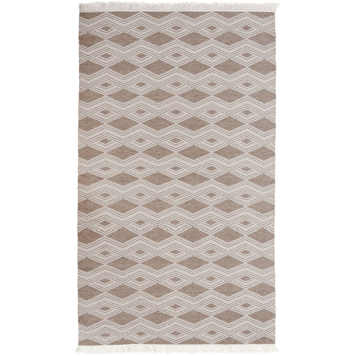 Banning indoor/outdoor rug, sand and taupe geometric diamond pattern with fringe