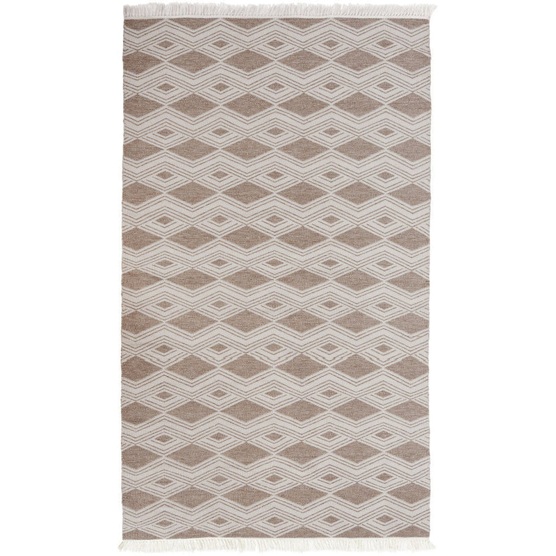 Banning indoor/outdoor rug, sand and taupe geometric diamond pattern with fringe