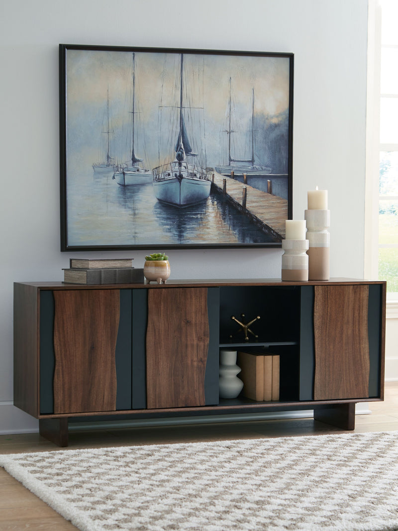 Brown and charcoal accent cabinet with sliding doors and open interior storage