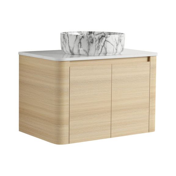 Mounted bathroom vanity with white marble-look art sink and 2 soft-close doors, light wood