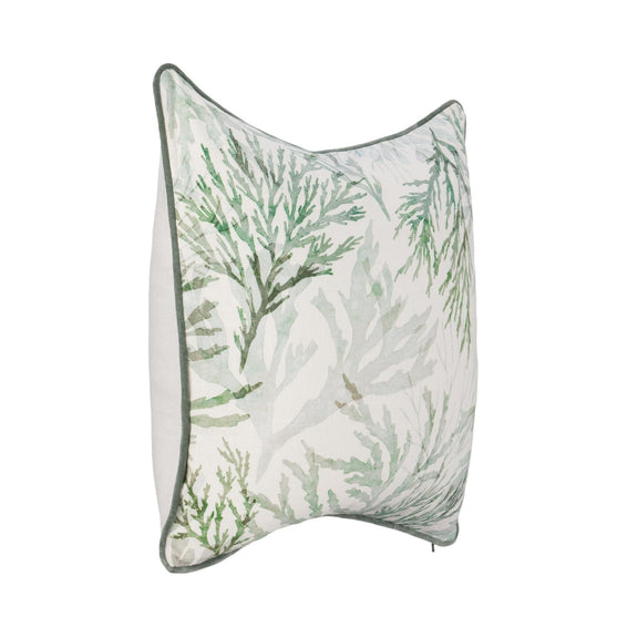 Square decorative pillow showing side seam: white-green botanical fabric with green piping
