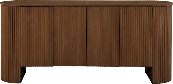 Warm brown sideboard buffet with vertical panel doors and curved block legs