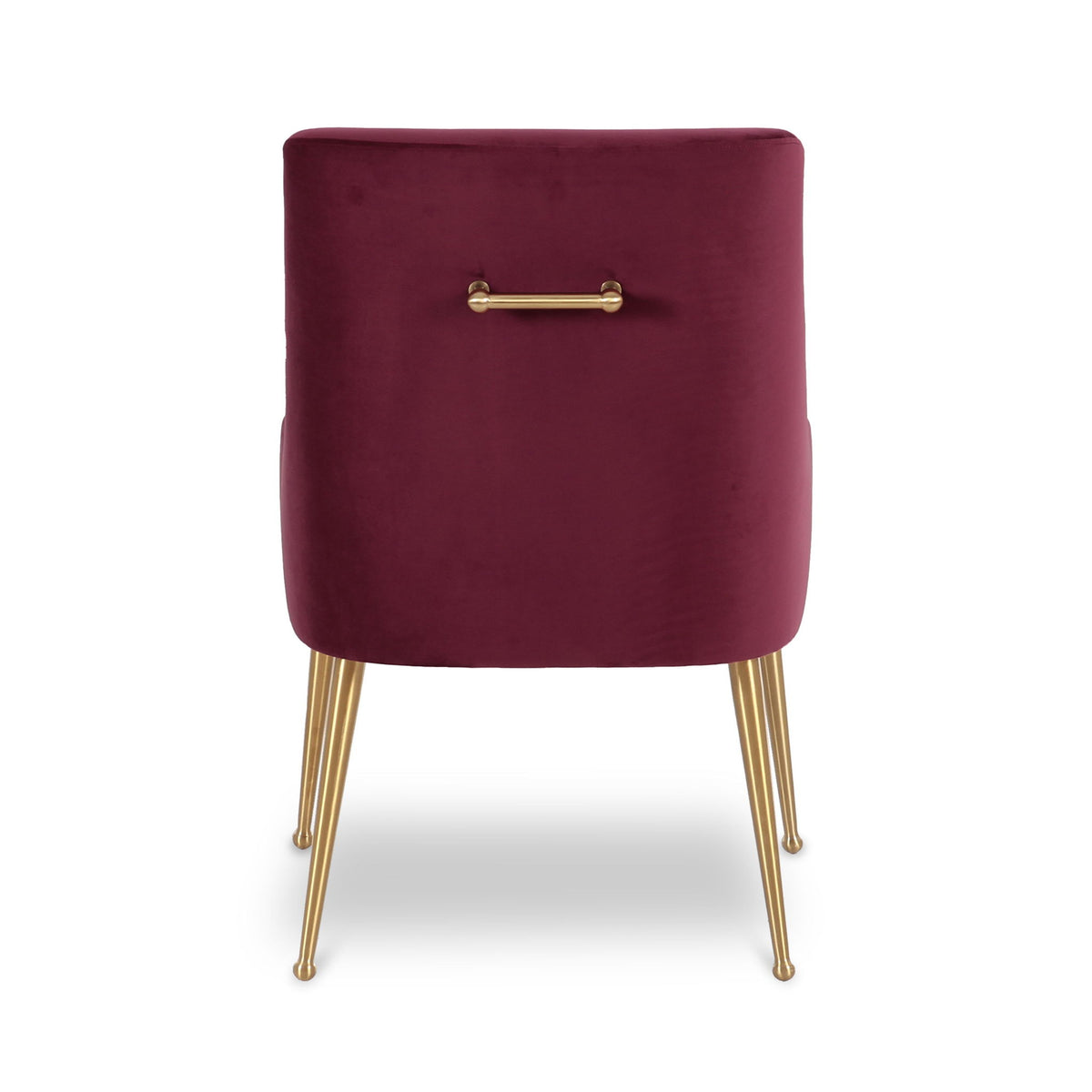 Burgundy velvet side chair with gold-toned handle detail and tapered metal legs