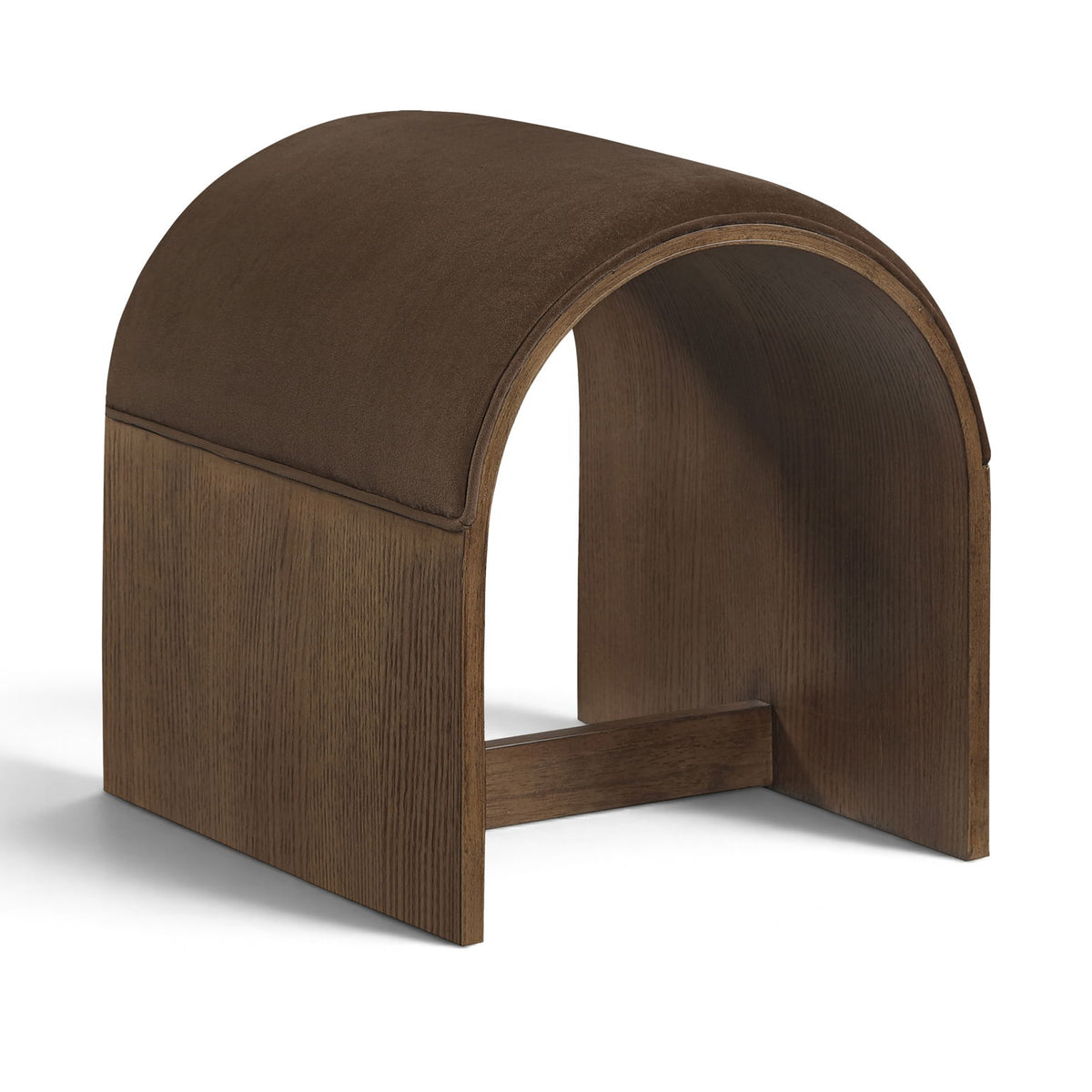 Dark brown velvet upholstered bench with arched back and warm wood base, open center