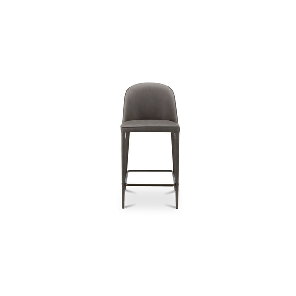 Gray vegan leather counter stool, front view, padded seat and metal footrest bar