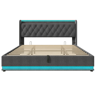 Upholstered Bed, 360 Surround LED Function, Remote Control, Hydraulic Storage Bed With USB, Type-C Charging (Without Mattress)