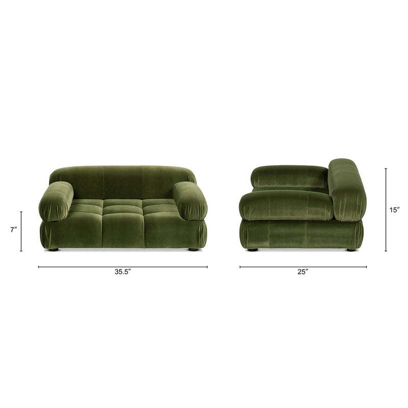 Dark green pet sofa bed for dogs and cats shown with two size measurements