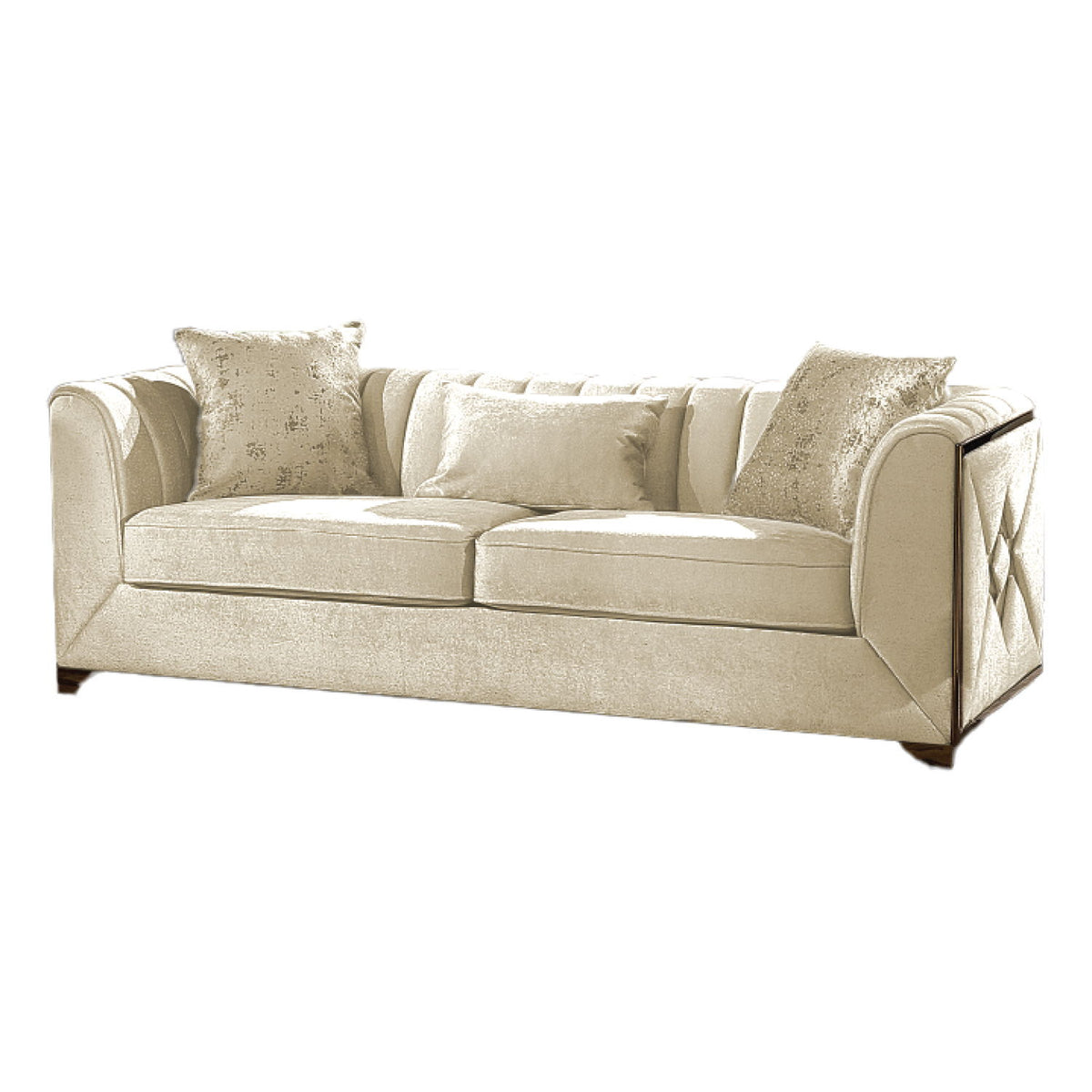 Beige fabric sofa with three seat cushions, rolled arms, and textured accent pillows