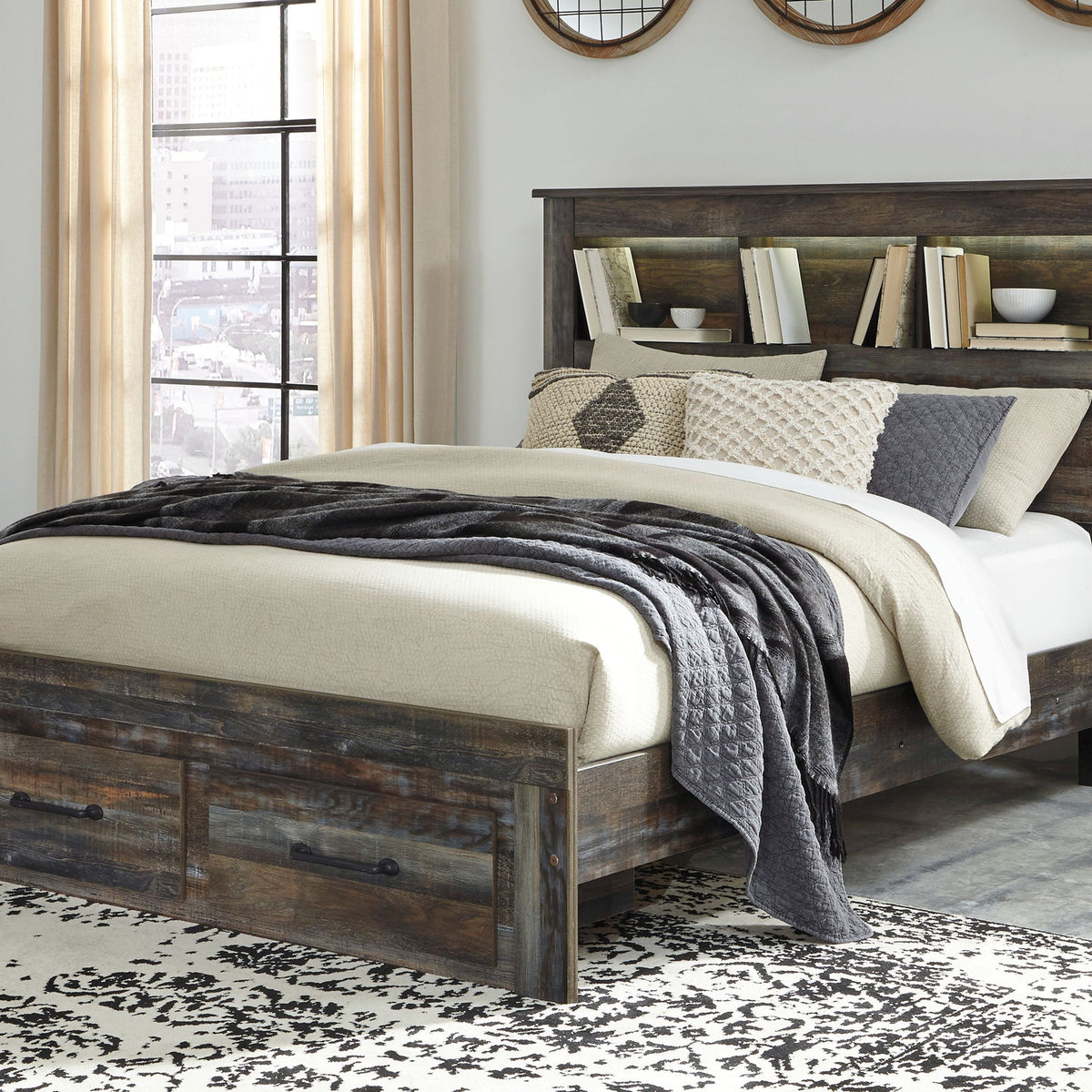 Panel bookcase bed in dark wood with two front drawers and cream bedding
