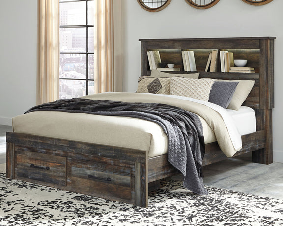 Panel bookcase bed in dark wood with two front drawers and cream bedding