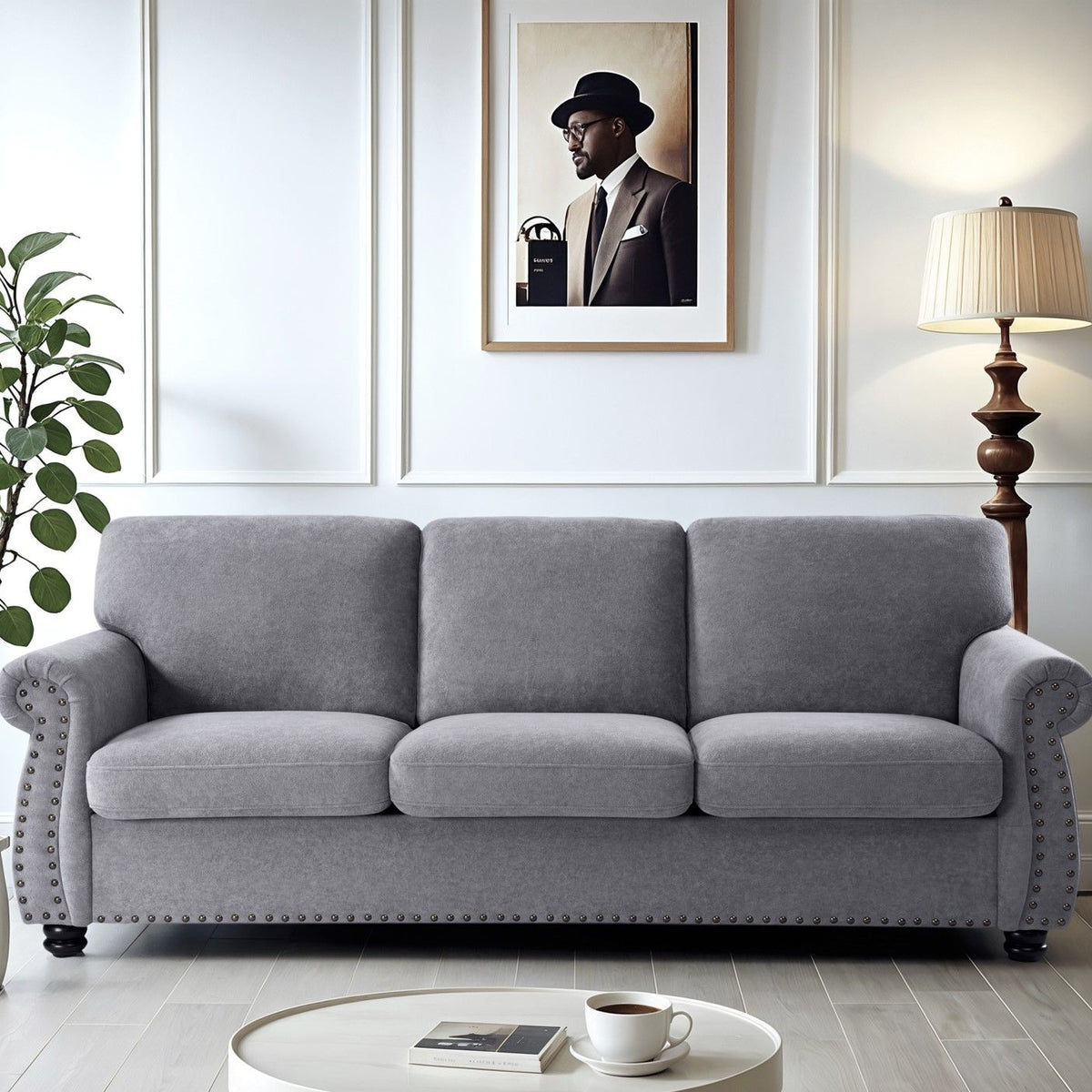 Soft Sofa, Upholstered 3 Seater Couch With High Density Foam, Loose Back Cushions And Turned Legs