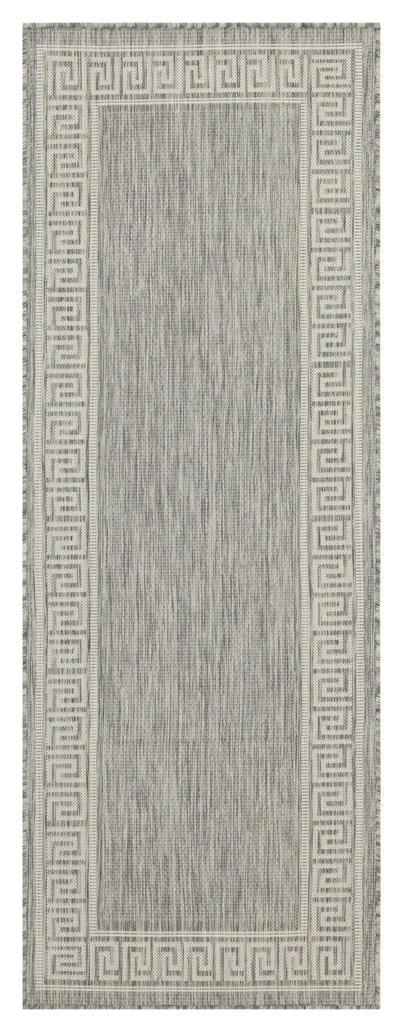 Indoor/outdoor area rug in light gray with Greek key border and textured center