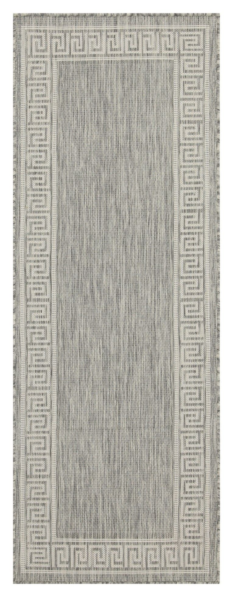Indoor/outdoor area rug in light gray with Greek key border and textured center