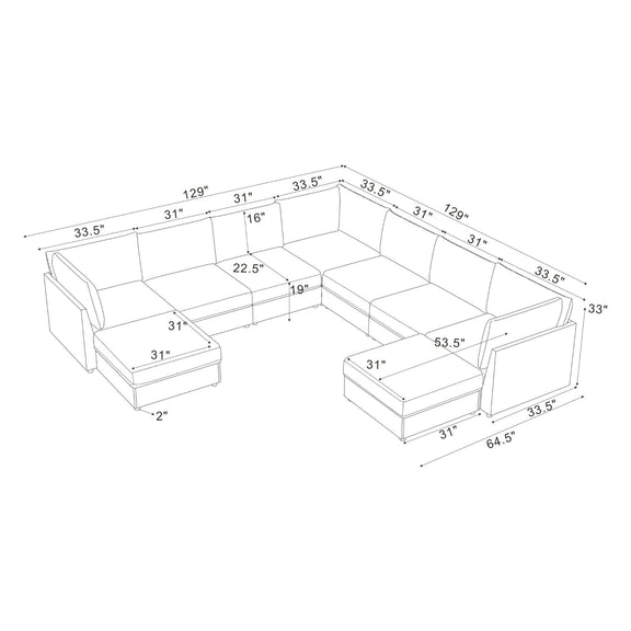 Sectional sofa configuration sketch with labeled dimensions and two ottomans