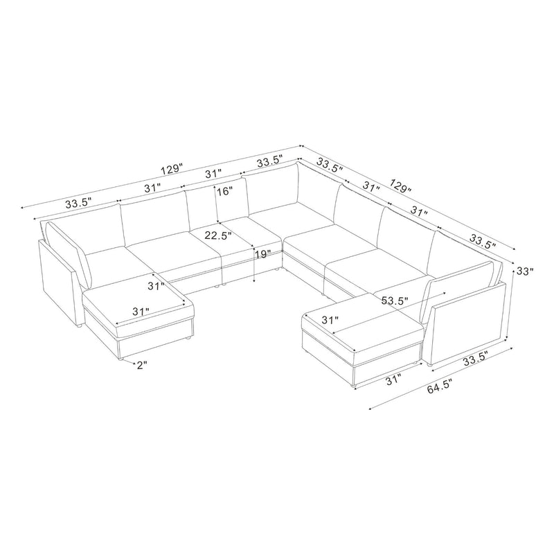 Sectional sofa configuration sketch with labeled dimensions and two ottomans