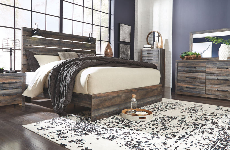 Panel bed with dark wood frame, horizontal slat headboard, and raised footboard