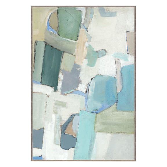 Framed abstract painting with layered blue and teal blocks on light background