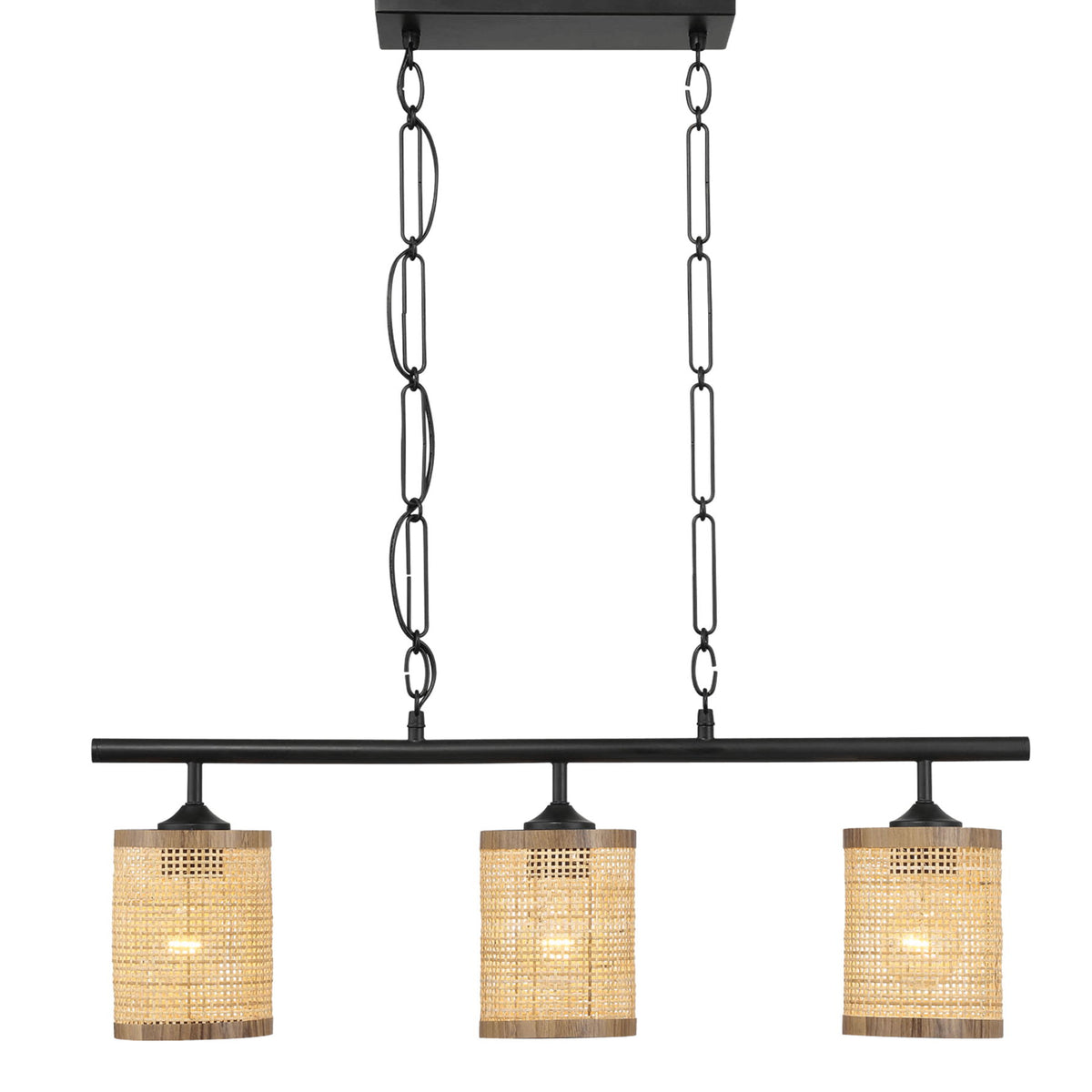 Elysian - 3 Lights Island With Natural Shade Farmhouse Chain Ceiling Lamp - Black / Rattan