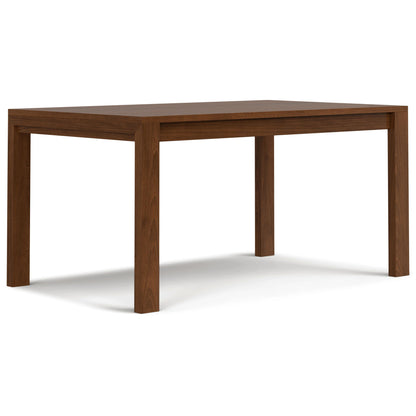 Dark brown rectangular dining table with thick top and four straight legs