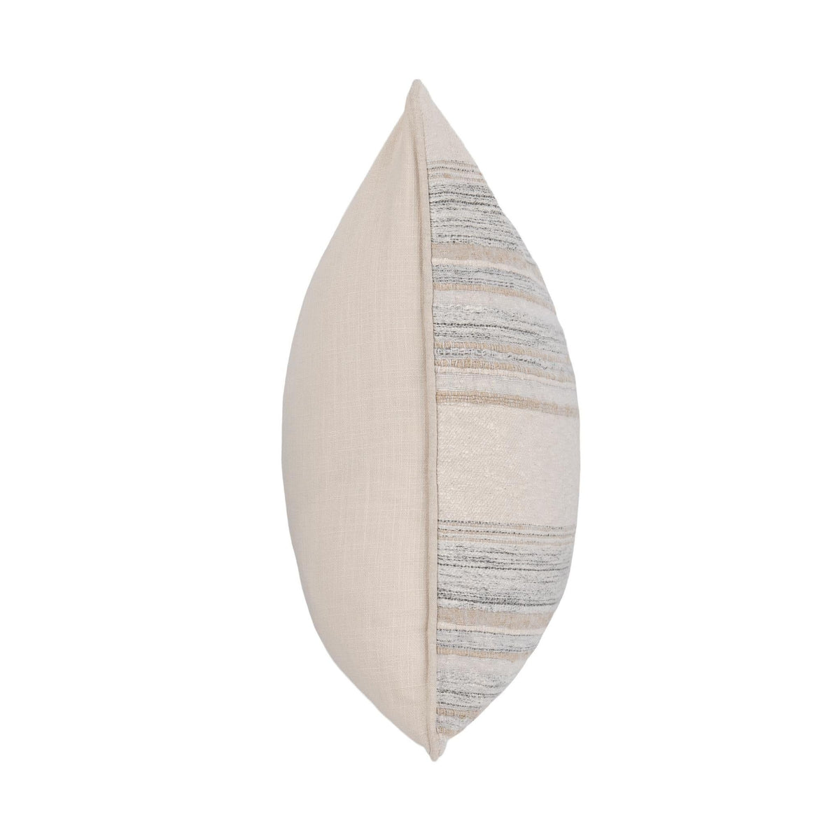 Ivory pillow with striped edge panel shown in side view
