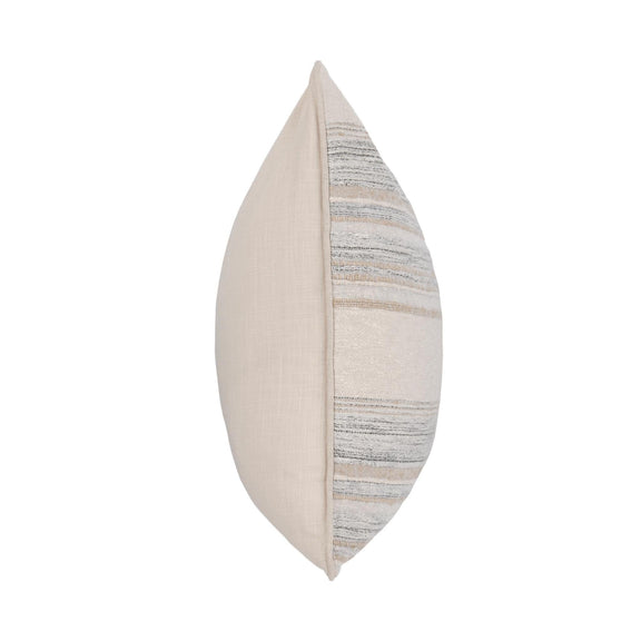 Ivory pillow with striped edge panel shown in side view